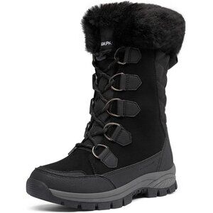 Women’s Black Waterproof Winter Snow Boots Warm Faux Fur Non Slip Mid Calf